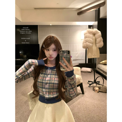 迟伞伞25/fw 庄园晨报  Ralph编织格纹针织上衣短款收腰开衫女