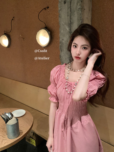 树莓粉2way连衣裙泡泡袖 ss桃雾野 打揽系带方领一字肩 迟伞伞