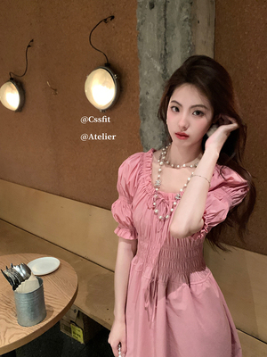 树莓粉打揽系带连衣长裙