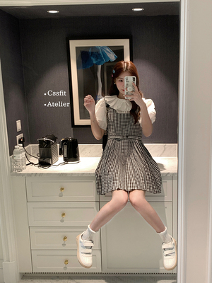 黑白格减龄腰带背心裙