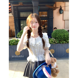 翻领蕾丝刺绣棉麻系带衬衫 早餐 上衣光泽粉半裙短裙 奥莉 迟伞伞