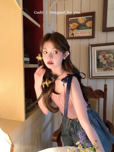 中古彩色条纹系带正反两穿吊带短款 迟伞伞 油画风铃 辣妹