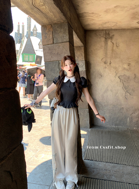 迟伞伞 adi少女感 白色双条纹蝴蝶结抽绳滑滑休闲裤百搭长裤夏
