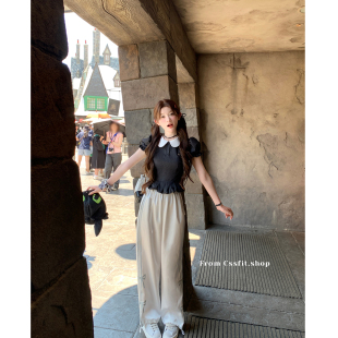 百搭长裤 白色双条纹蝴蝶结抽绳滑滑休闲裤 夏 adi少女感 迟伞伞