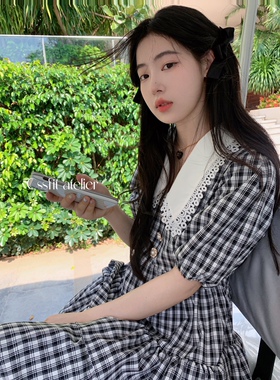迟伞伞 我的公主梦 重工翻领黑白格蛋糕连衣裙气质长裙百搭短裙