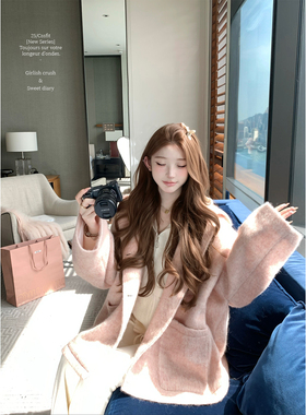 迟伞伞25/fw 柔柔落樱 row系混色粉拉毛连帽羊毛大衣宽松显白外套