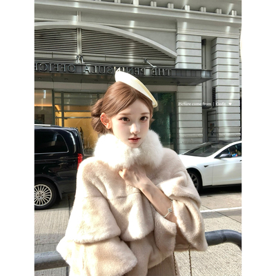 迟伞伞皮草毛领斗篷坑条针织长裙