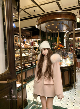 迟伞伞25/fw 樱禾恋冬 lp狐狸毛领羊毛呢棉服雪服抽绳外套两色入