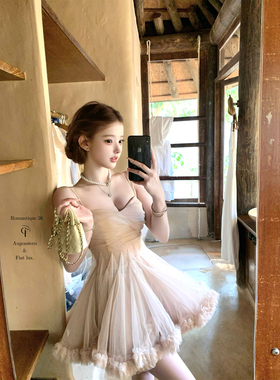 迟伞伞26/ss 桃乐丝 10米耗材裸色花朵吊带蓬蓬芭蕾连衣裙短裙女