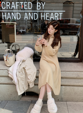 迟伞伞 恋恋笔记本notebook奶黄色针织连衣裙拉链翻领中长裙