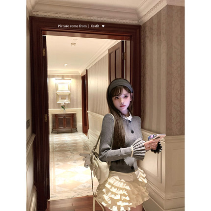 迟伞伞25/fw 菲茨雨夜 格雷灰手工钩花针织上衣百褶半裙针织套装