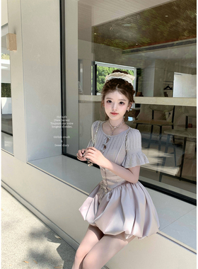 迟伞伞26/ss 二十四载梦 芋泥紫针织羊毛短袖绸缎灯笼背带裤套装