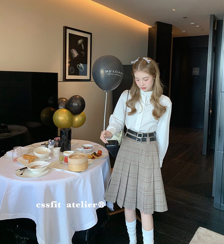 迟伞伞FrenchMartini miu系双腰袢灰绿色百褶中裙女格纹半身裙