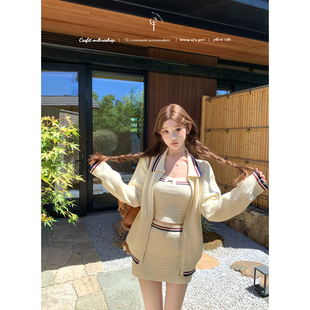 迟伞伞25/fw 克拉尔 miu系撞色条纹针织开衫/吊带A字短裙三件套装