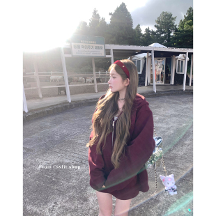 安哥拉红460克高克重刺绣连帽卫衣半裙卫裙套装 迟伞伞 显白神器