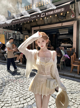 迟伞伞26/ss 卡普里柠檬霜 galliano假两件开襟上衣蕾丝半裙套装