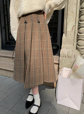 迟伞伞 black label 四道褶格纹羊毛半裙复古中长款半身裙