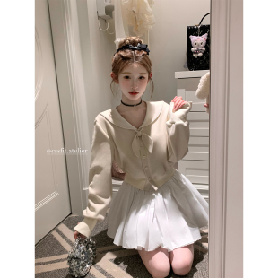 迟伞伞26/ss 礼蒂斯安 海军领兔耳朵短款卫衣黑白两色蓬蓬短裙女