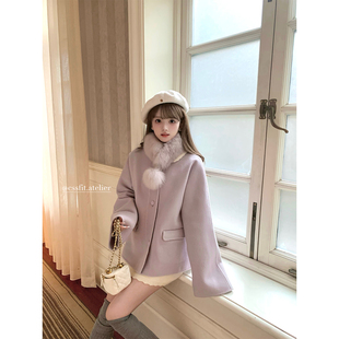 迟伞伞 矜贵囡囡 星黛露紫狐狸毛围脖双面羊毛大衣外套绒感长裙女