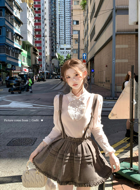 迟伞伞25/fw 牛津假日 天丝手工花朵钉钻复古衬衫羊毛薄呢背带裙