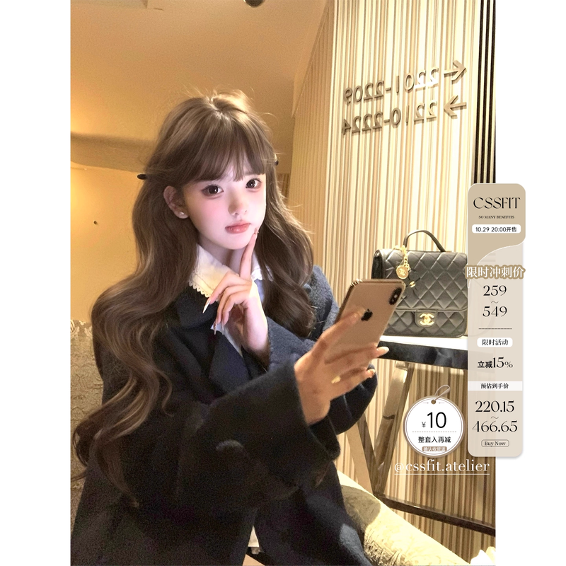 迟伞伞双排扣翻领羊毛呢大衣