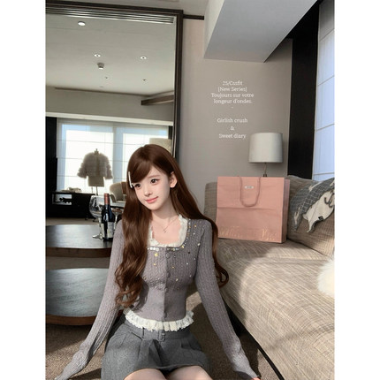 迟伞伞25/fw 落地星辰 手工细闪亮片花边灰色麻花针织衫收腰上衣