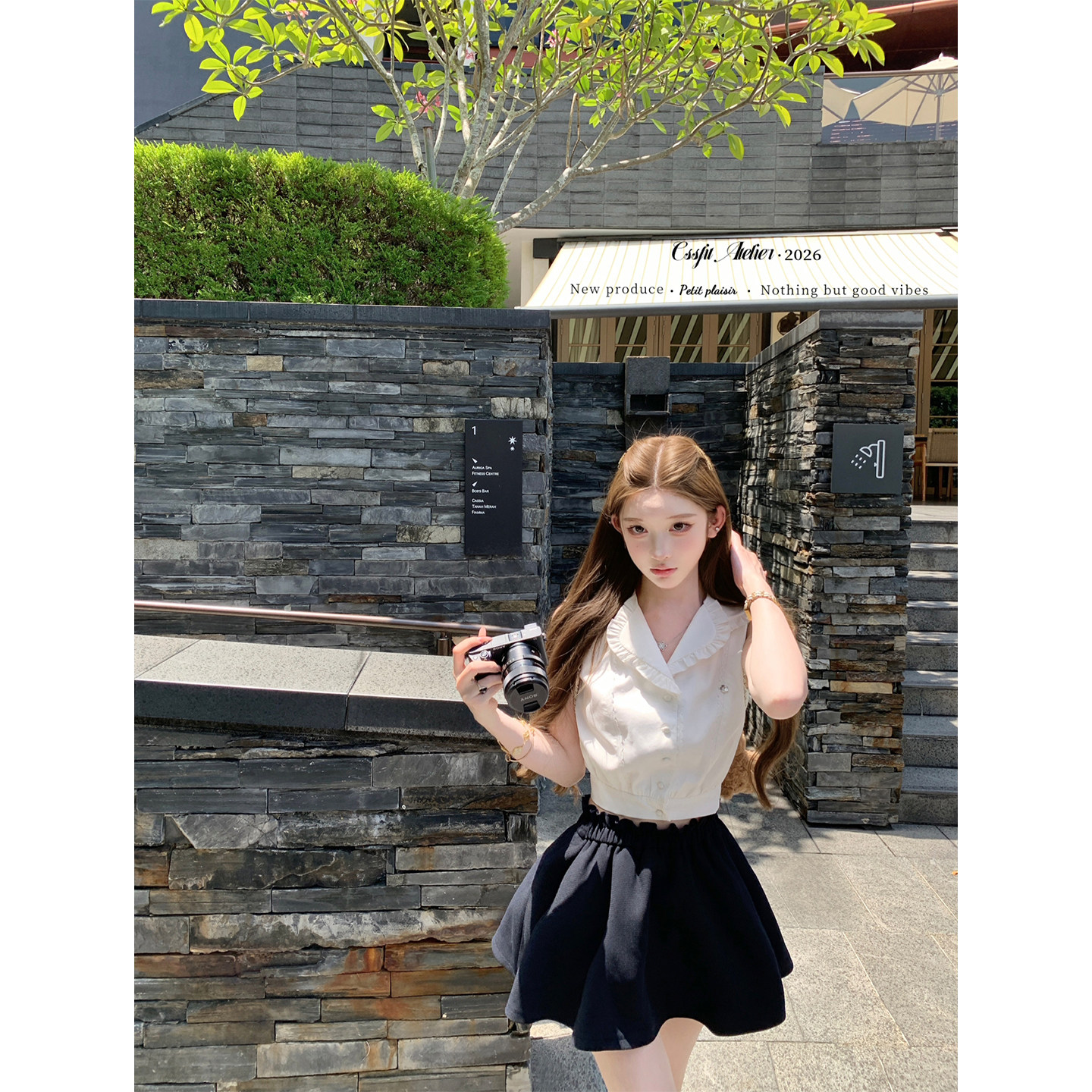 迟伞伞26/ss 若色水仙 sst花瓣翻领无袖衬衫上衣藏青蓬蓬裙套装