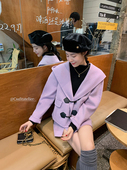 迟伞伞 大衣半裙套装 purple星期三 迷人紫色牛角扣羊毛短款