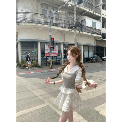 迟伞伞miu系马甲海军领衬衫套装