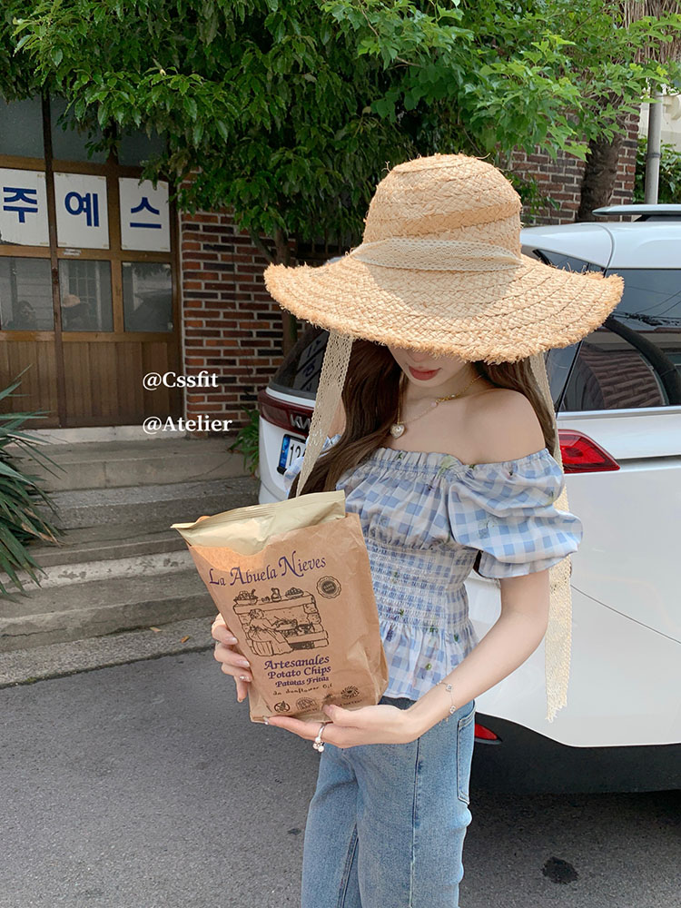 法式方领格纹收腰下摆上衣