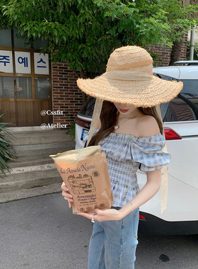 迟伞伞 25/ss 笑靥蓝风铃 法式方领泡泡袖蓝色格纹收腰荷叶边上衣