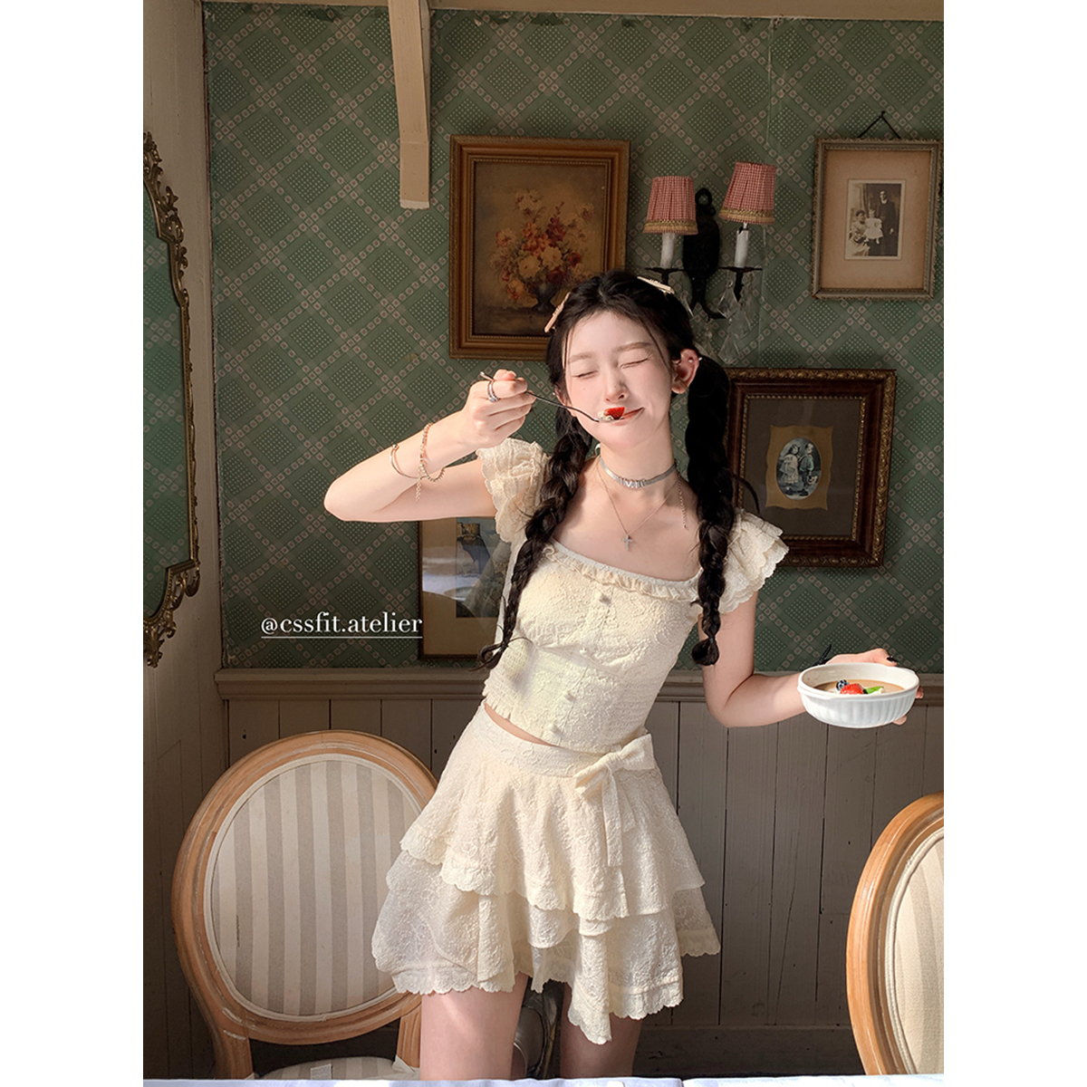 迟伞伞 仙本那梦境 纯棉刺绣蝴蝶结小飞袖上衣不规则半裙套装女