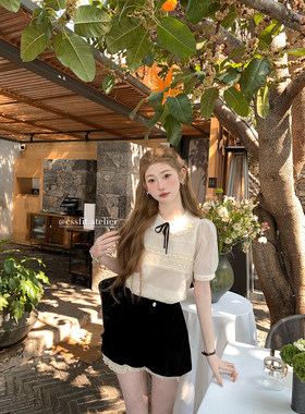 迟伞伞 定染网纱亮片翻领少女甜美衬衫娃娃领连衣裙减龄短裙夏