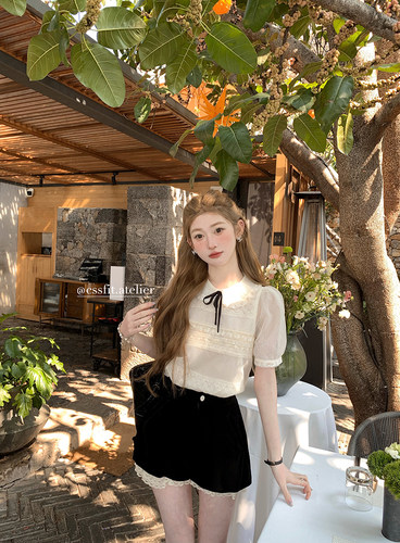 迟伞伞 定染网纱亮片翻领少女甜美衬衫娃娃领连衣裙减龄短裙夏
