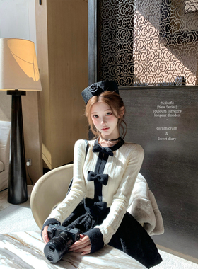 迟伞伞25/fw 晚间星屑 小香feel竖条黑白蝴蝶结撞色羊毛针织衫冬