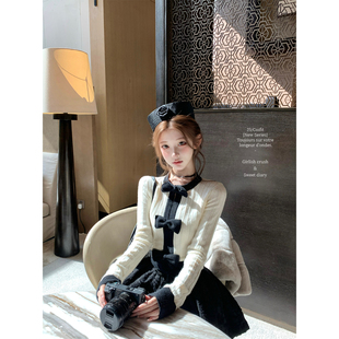 小香feel竖条黑白蝴蝶结撞色羊毛针织衫 晚间星屑 冬 迟伞伞25