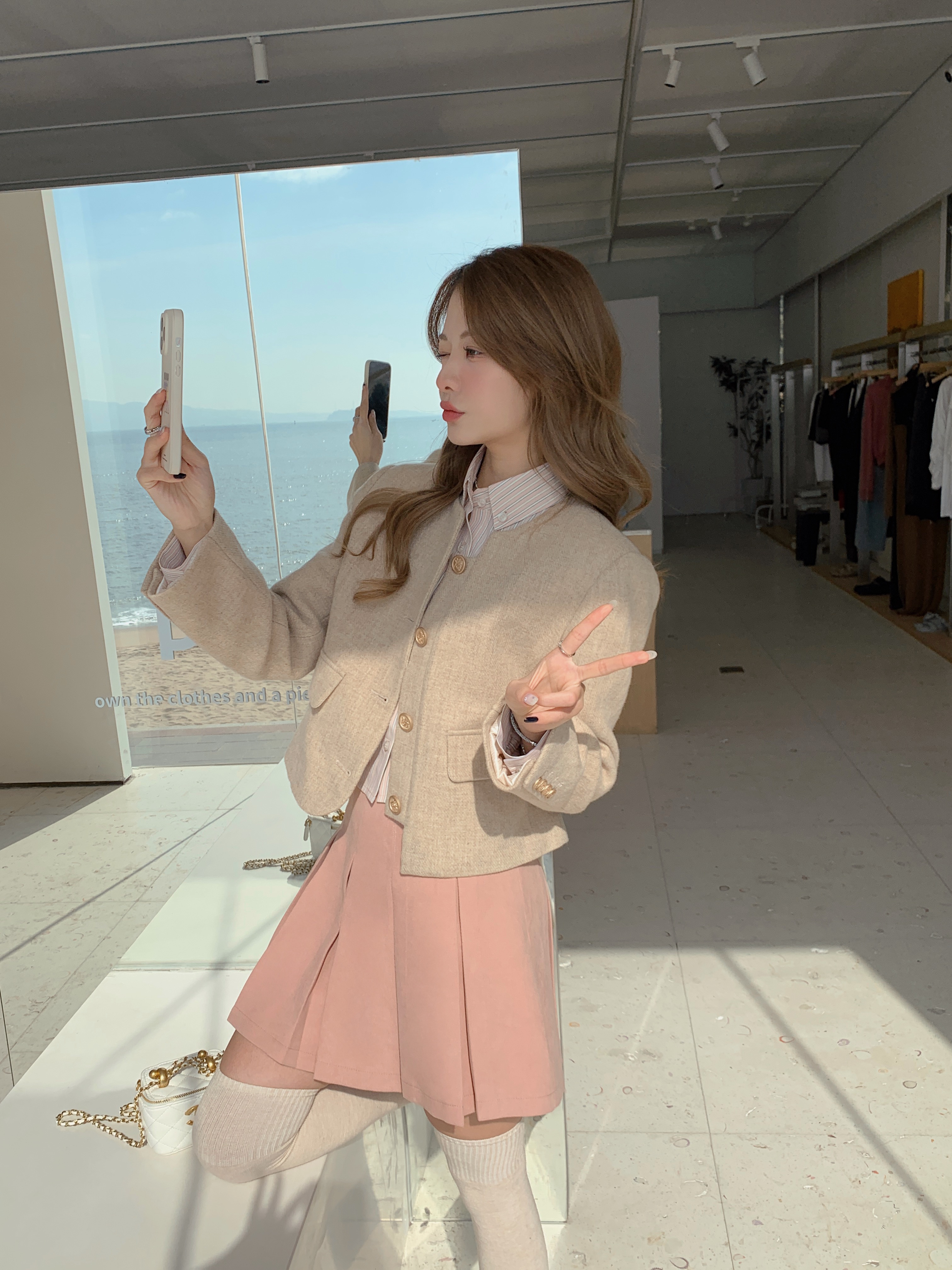 质感明线百褶短裙/灰桃粉