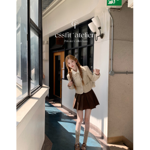 迟伞伞 蝴蝶结杂色小香风羊毛气质短外套咖啡百褶裙女 奶酪香气