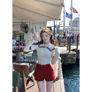 迟伞伞25/fw 云柔白帆 海军大翻领华夫格长袖针织衫简约气质上衣