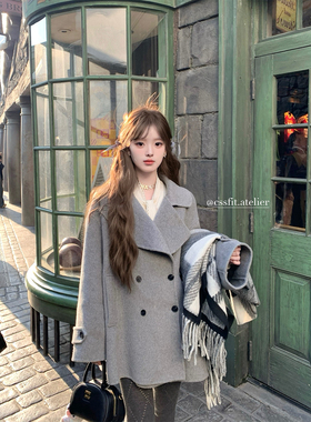 迟伞伞 北海道假日 tb羊毛针织裙灰色双面呢羊毛蝴蝶结大衣外套女