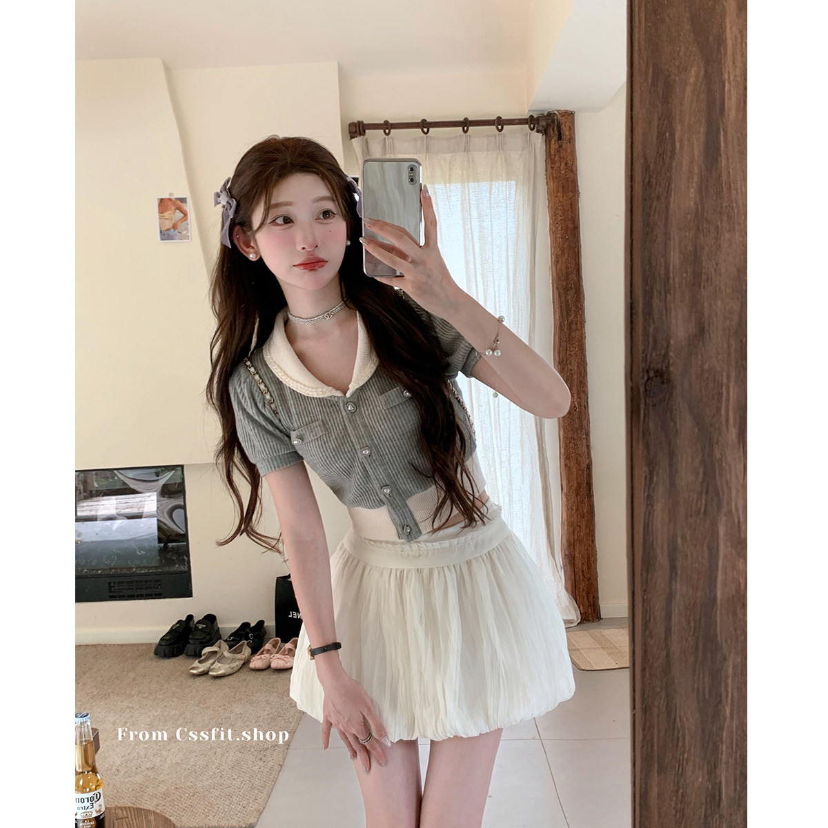 迟伞伞 茜茜公主 日杂氛围感香槟鎏金花边少女蓬蓬简约南瓜短裙