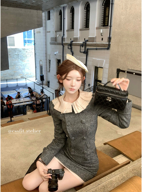 迟伞伞25/fw 暖雾呼吸 百褶领双排扣灰色羊毛呢外套半裙气质套装