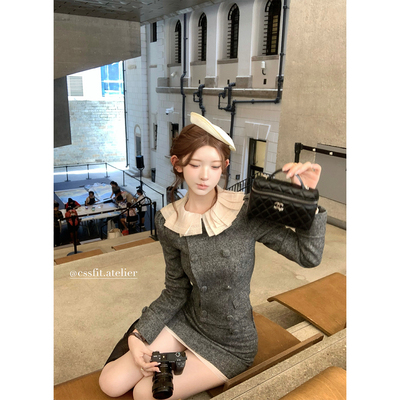 迟伞伞百褶领双排扣羊毛呢套装