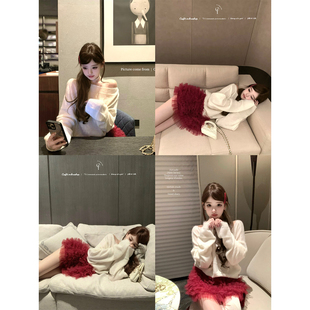 两色暗纹斜肩马海毛针织衫 糯糯雪饼 车厘子红蛋糕裙 迟伞伞25