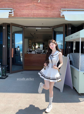 迟伞伞 耶鲁甜心 学院风海军领衬衫系带收腰连衣裙短款&长款夏