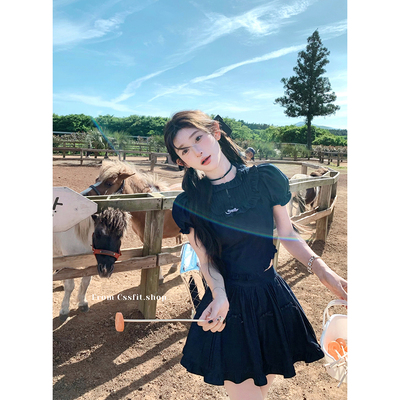 迟伞伞 热恋岛屿 天丝牛仔少女感泡泡袖上衣蝴蝶结短裙半身裙套装