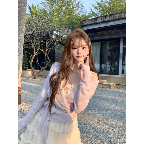 迟伞伞26/ss 香榭午后薄雾 丁香紫翻领系带温柔羊毛开衫显白上衣