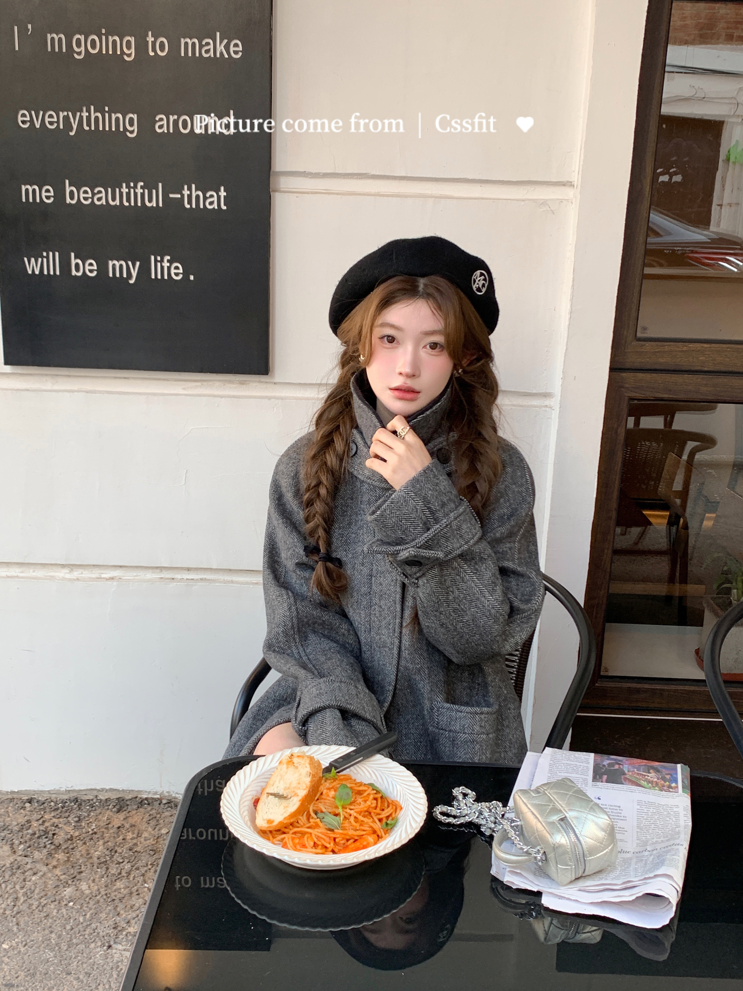 迟伞伞羊毛人字纹拼色鱿鱼大衣