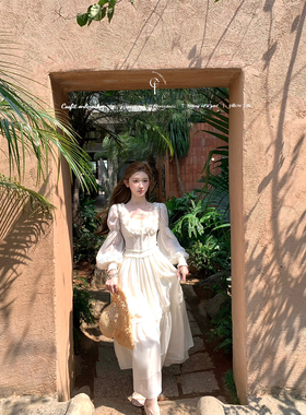 迟伞伞 26/ss 雾岛香草 重工定染蕾丝长袖仙女系带连衣裙收腰长裙