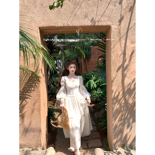 迟伞伞工定染蕾丝长袖仙女连衣裙